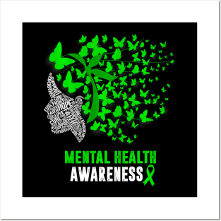 Womens Mental Health Awareness Butterflies Green Ribbon Girl Posters and Art